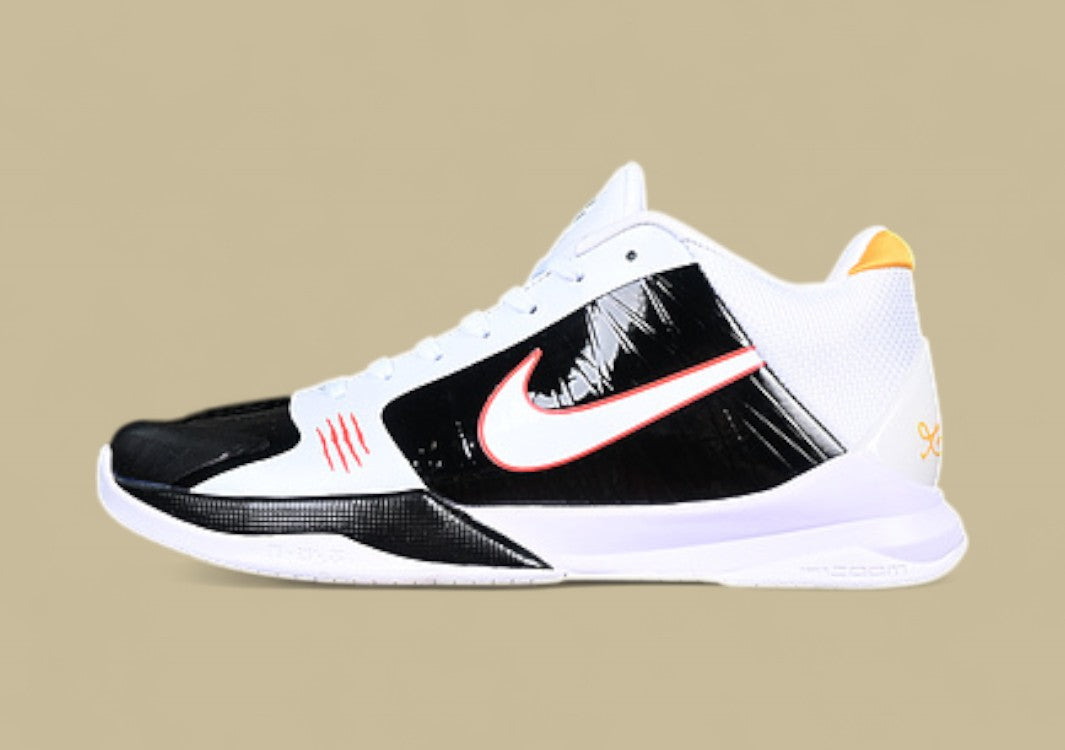 Nike Kobe ChNike Kobe Chaos White Black Gold Red Sleek Low-top Design With Glossy Panels and Bold Accentsaos Black gold Bold Yellow and Black Colorway With Red Details and Low-top Build (Copy)
