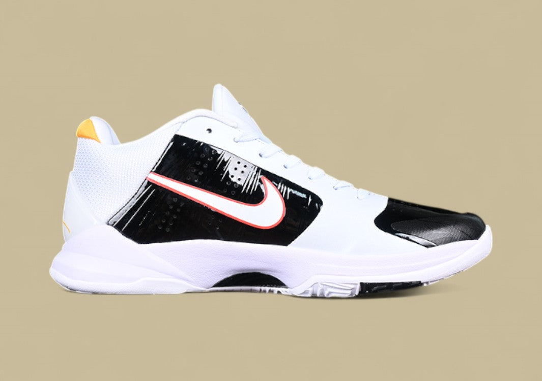 Nike Kobe ChNike Kobe Chaos White Black Gold Red Sleek Low-top Design With Glossy Panels and Bold Accentsaos Black gold Bold Yellow and Black Colorway With Red Details and Low-top Build (Copy)
