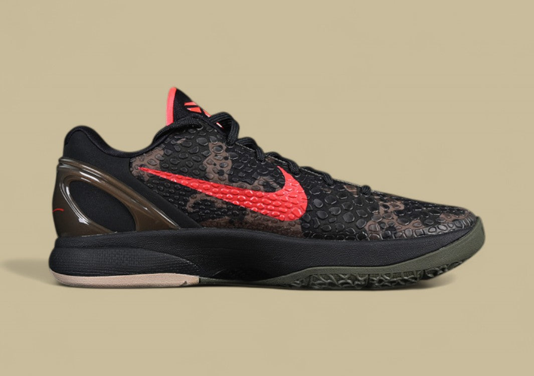 Nike Kobe "Crimson Bog" Black Khaki Basketball Shoes with Red Swoosh Accent