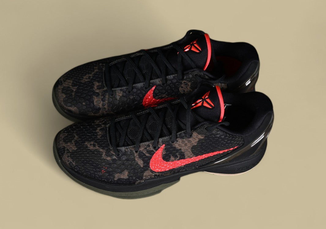Nike Kobe "Crimson Bog" Black Khaki Basketball Shoes with Red Swoosh Accent