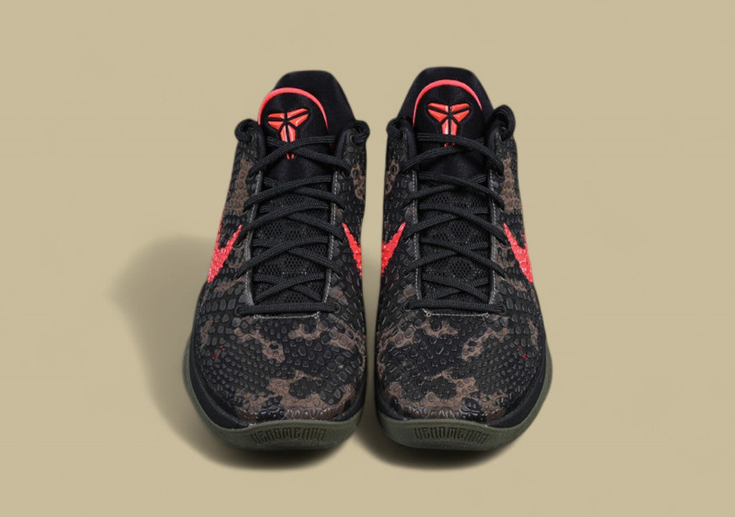 Nike Kobe "Crimson Bog" Black Khaki Basketball Shoes with Red Swoosh Accent