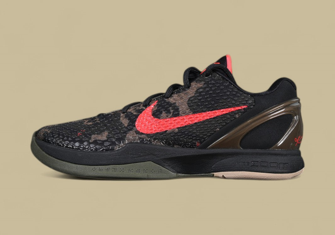 Nike Kobe "Crimson Bog" Black Khaki Basketball Shoes with Red Swoosh Accent