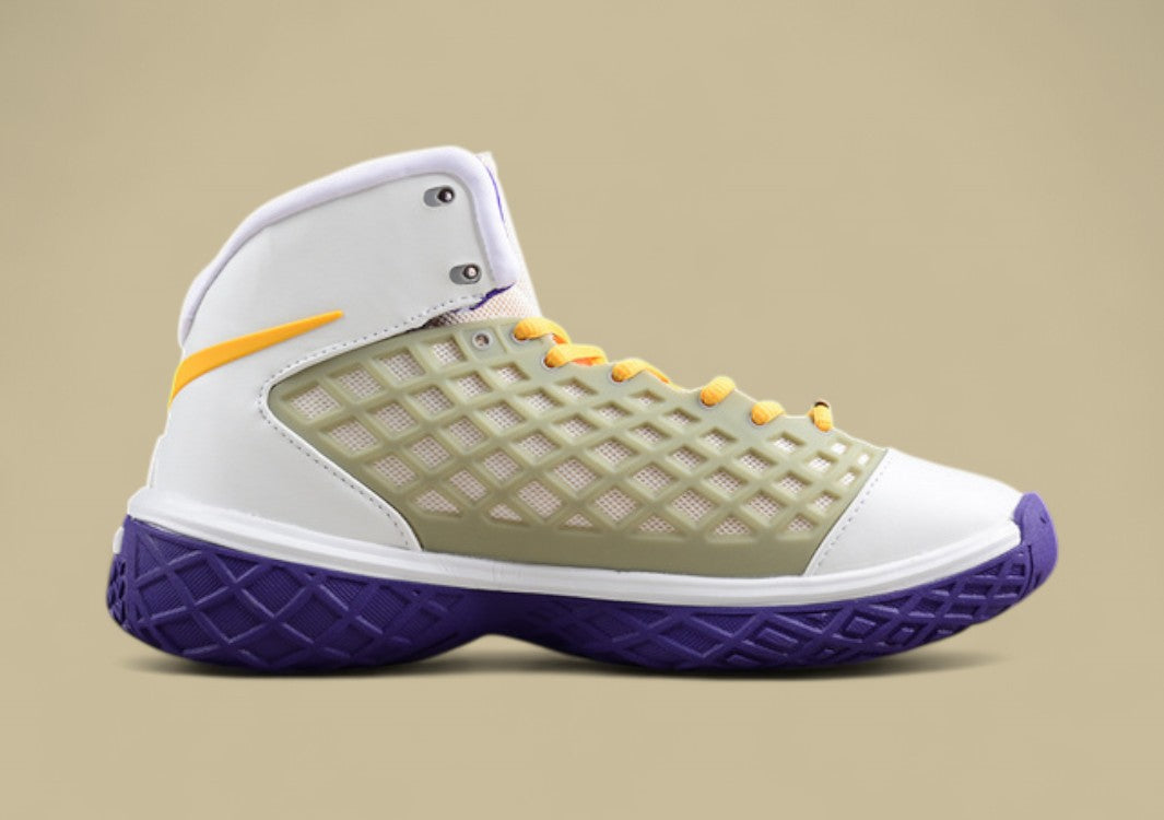 Nike Kobe Lakers Metallic Silver Canyon Gold Varsity Purple Iconic Grid Upper With Team Colors