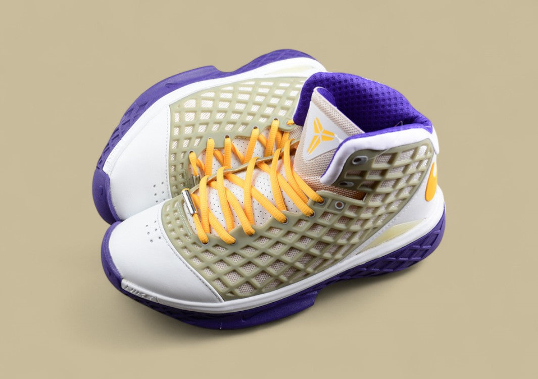 Nike Kobe Lakers Metallic Silver Canyon Gold Varsity Purple Iconic Grid Upper With Team Colors