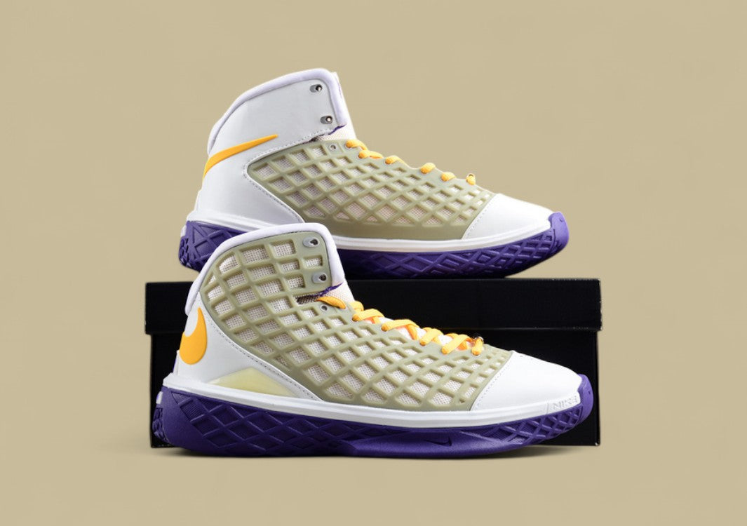 Nike Kobe Lakers Metallic Silver Canyon Gold Varsity Purple Iconic Grid Upper With Team Colors