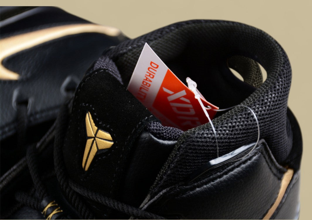Nike Kobe Protro Black Gold Classic Mid-top Basketball Shoe With Bold Metallic Swoosh Accent