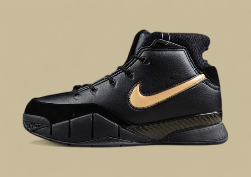 Nike Kobe Protro Black Gold Classic Mid-top Basketball Shoe With Bold Metallic Swoosh Accent