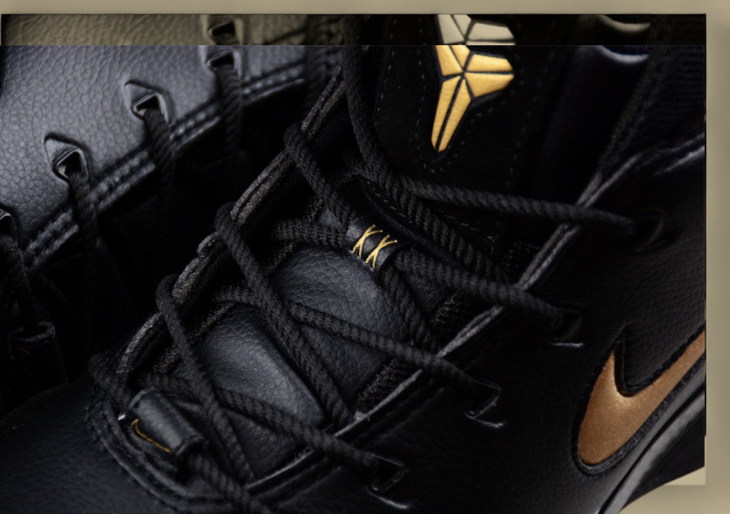 Nike Kobe Protro Black Gold Classic Mid-top Basketball Shoe With Bold Metallic Swoosh Accent