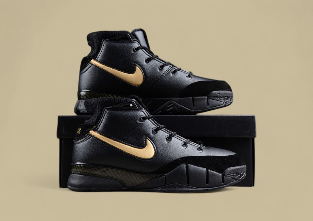 Nike Kobe Protro Black Gold Classic Mid-top Basketball Shoe With Bold Metallic Swoosh Accent