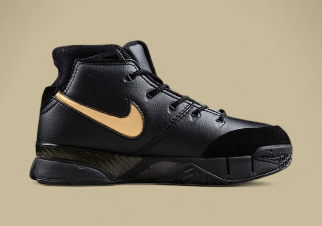 Nike Kobe Protro Black Gold Classic Mid-top Basketball Shoe With Bold Metallic Swoosh Accent