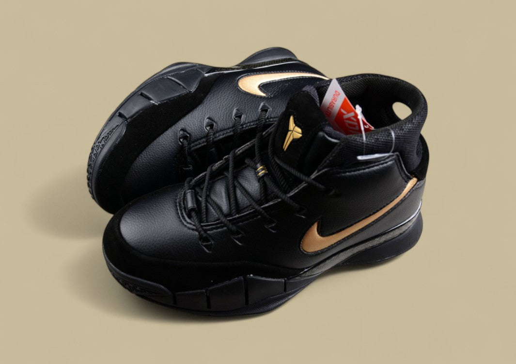 Nike Kobe Protro Black Gold Classic Mid-top Basketball Shoe With Bold Metallic Swoosh Accent