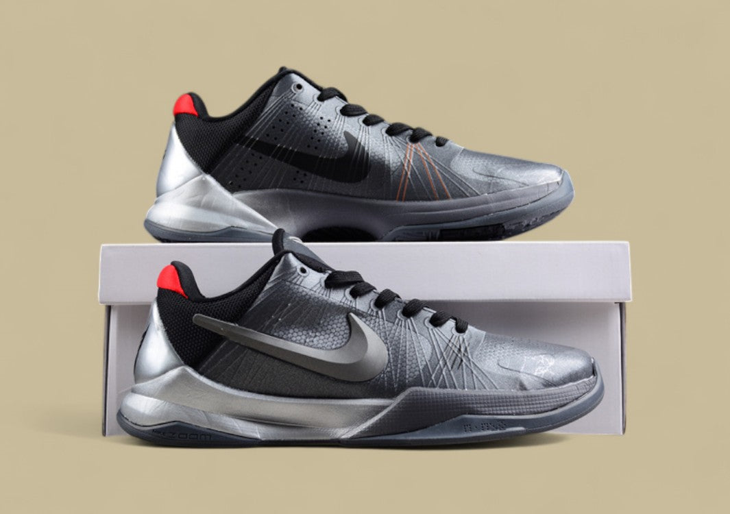 Nike Kobe Protro Black Grey Sleek Metallic Finish With Low-top Profile and Red Heel Accent