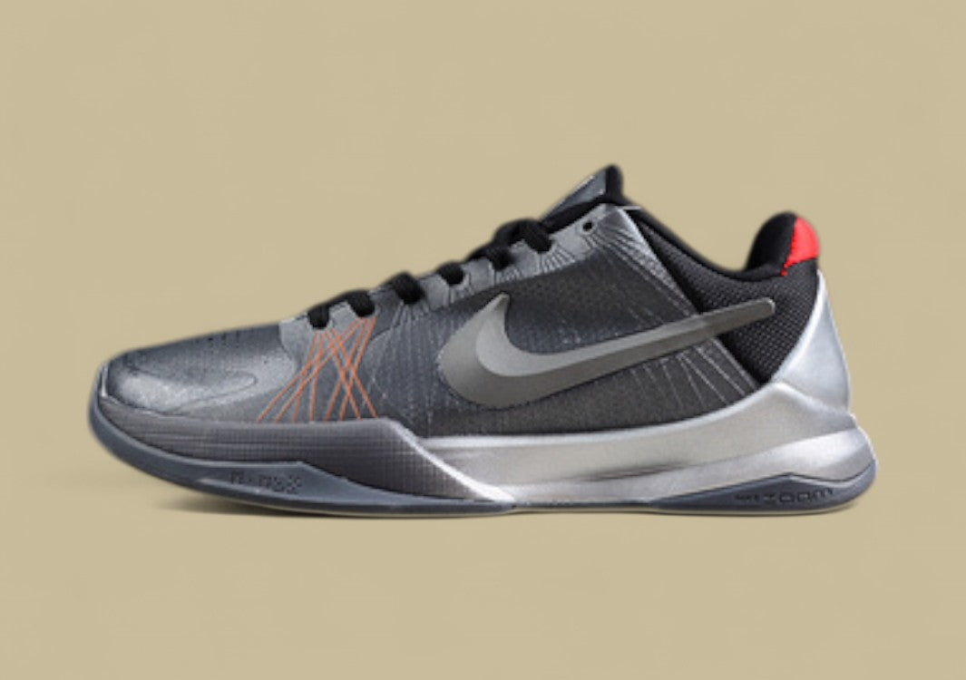 Nike Kobe Protro Black Grey Sleek Metallic Finish With Low-top Profile and Red Heel Accent