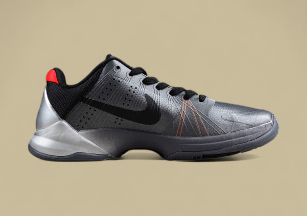 Nike Kobe Protro Black Grey Sleek Metallic Finish With Low-top Profile and Red Heel Accent