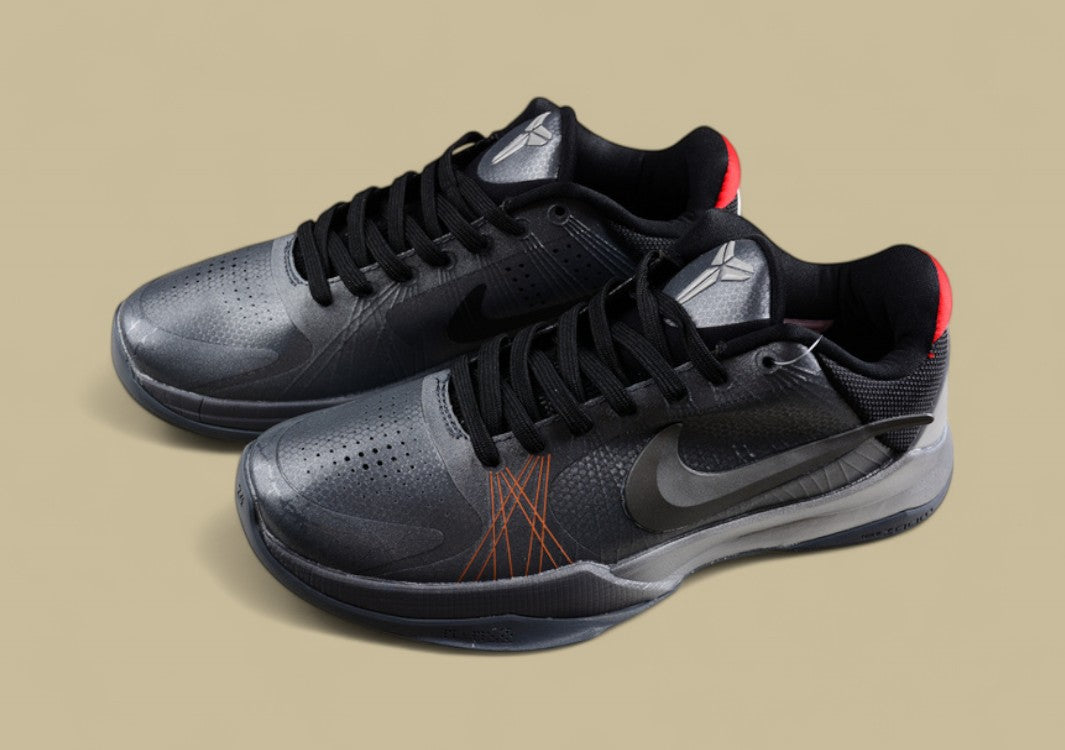 Nike Kobe Protro Black Grey Sleek Metallic Finish With Low-top Profile and Red Heel Accent
