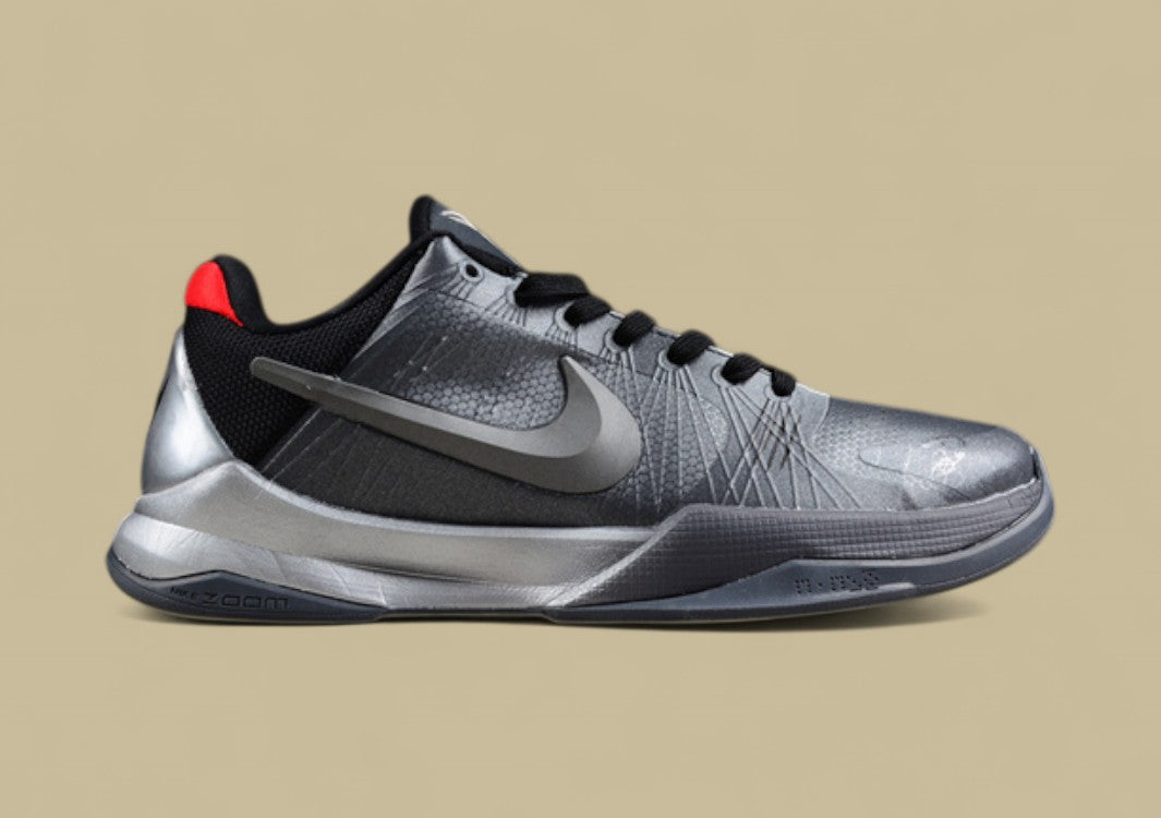 Nike Kobe Protro Black Grey Sleek Metallic Finish With Low-top Profile and Red Heel Accent