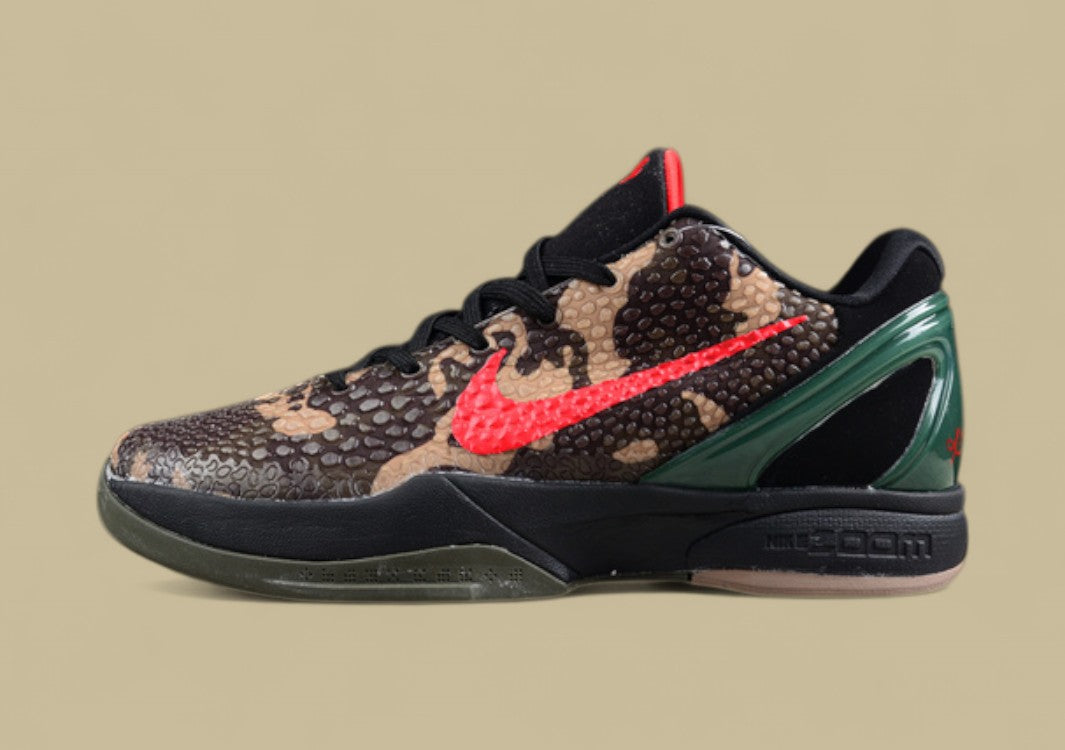 Nike Kobe Protro Black Red Green Brown Snake Print Design With Bold Crimson Swoosh Accent