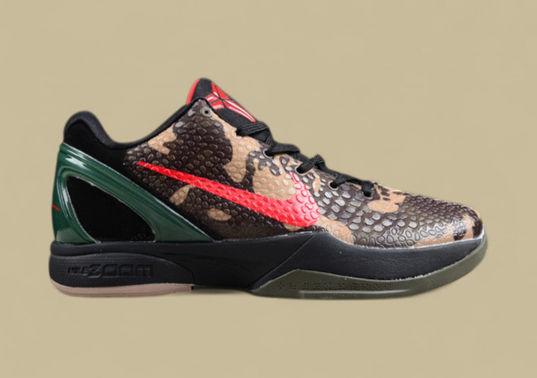 Nike Kobe Protro Black Red Green Brown Snake Print Design With Bold Crimson Swoosh Accent