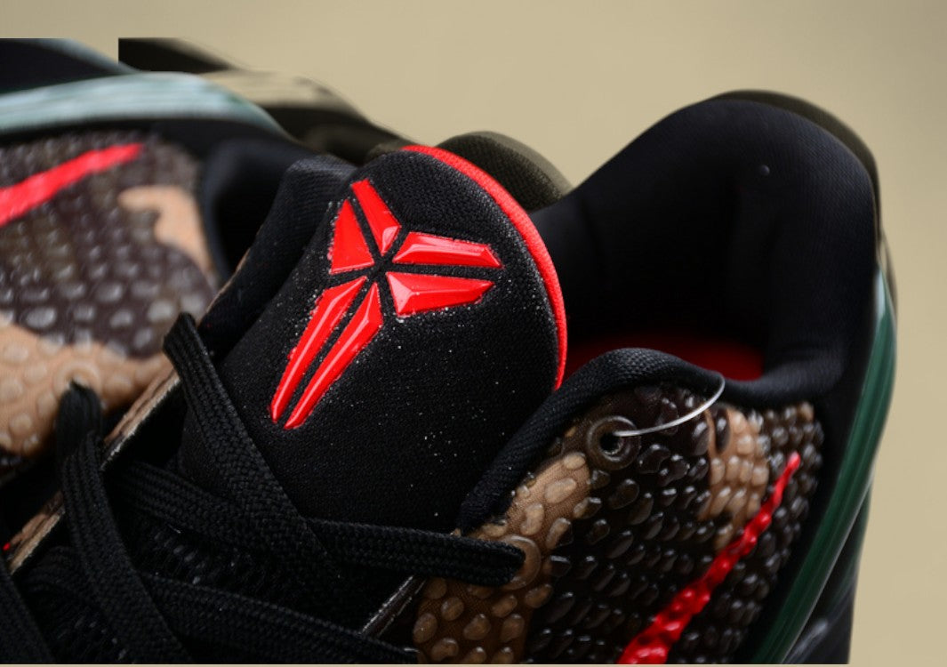 Nike Kobe Protro Black Red Green Brown Snake Print Design With Bold Crimson Swoosh Accent