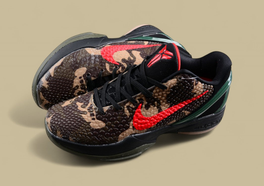 Nike Kobe Protro Black Red Green Brown Snake Print Design With Bold Crimson Swoosh Accent