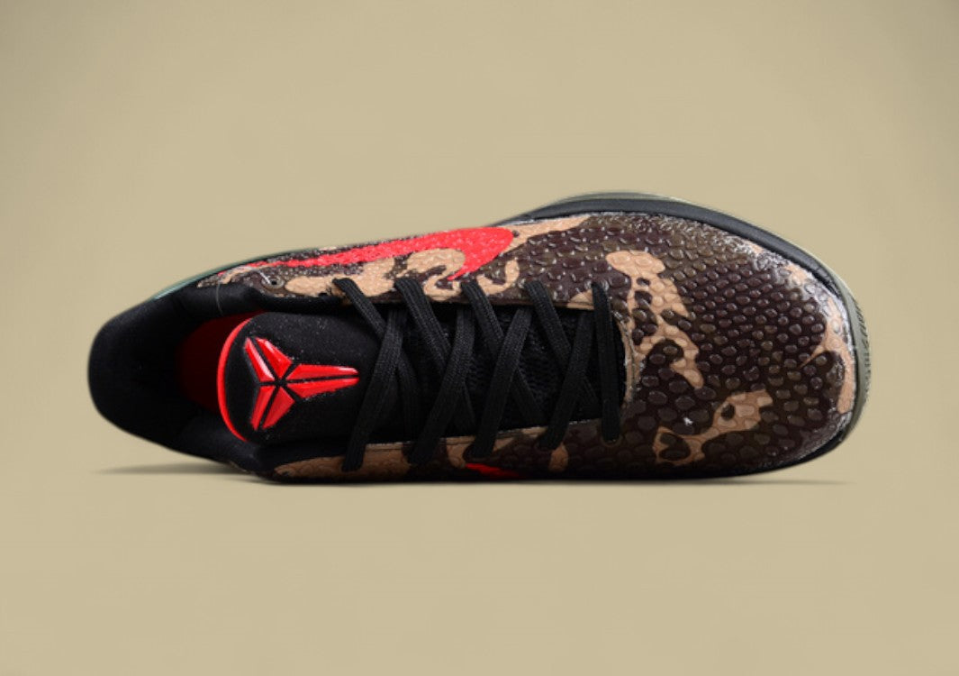Nike Kobe Protro Black Red Green Brown Snake Print Design With Bold Crimson Swoosh Accent