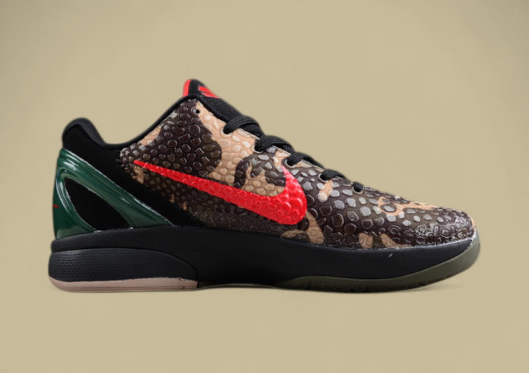 Nike Kobe Protro Black Red Green Brown Snake Print Design With Bold Crimson Swoosh Accent