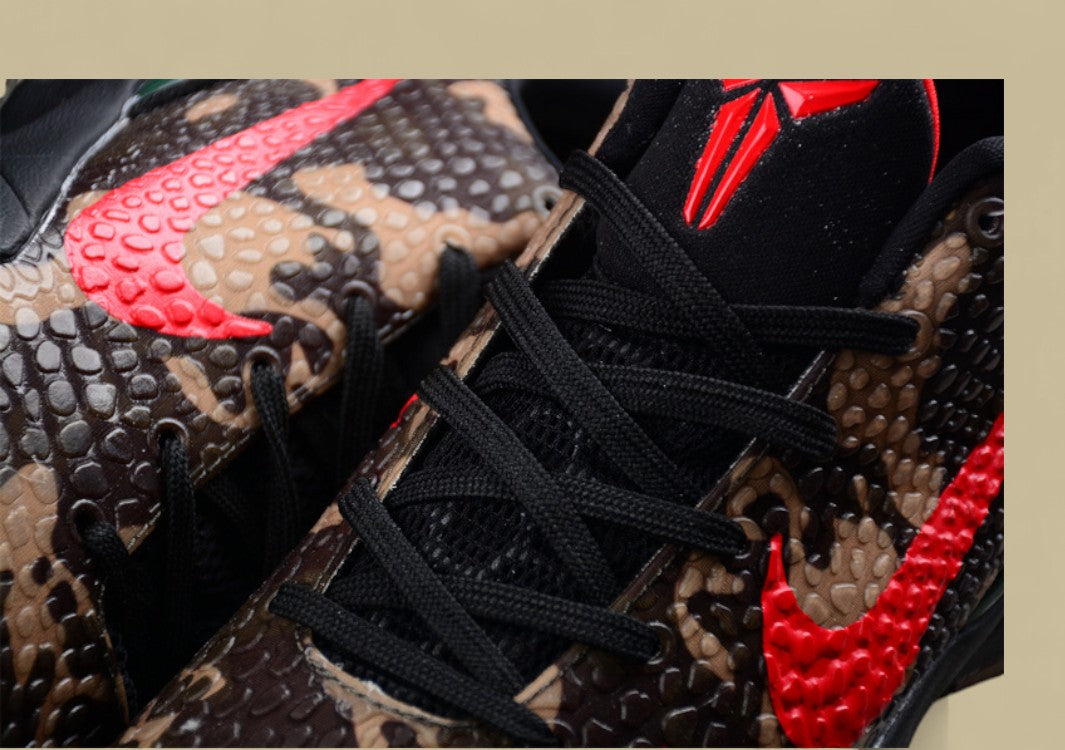 Nike Kobe Protro Black Red Green Brown Snake Print Design With Bold Crimson Swoosh Accent