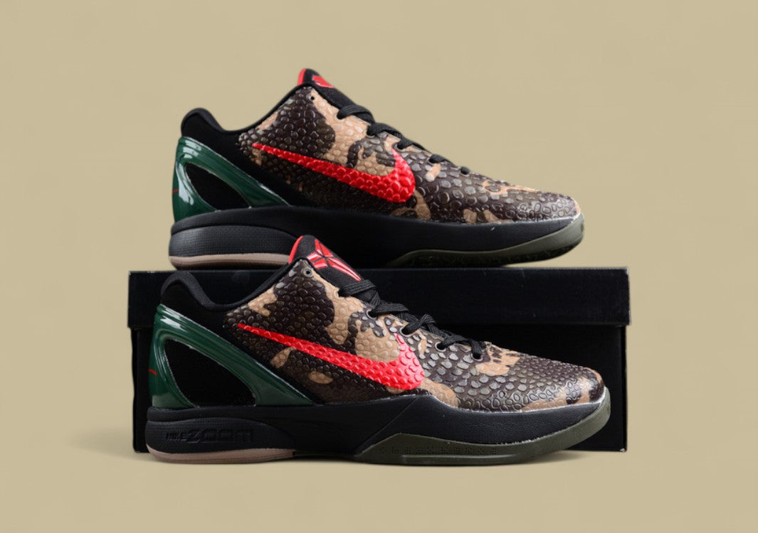 Nike Kobe Protro Black Red Green Brown Snake Print Design With Bold Crimson Swoosh Accent