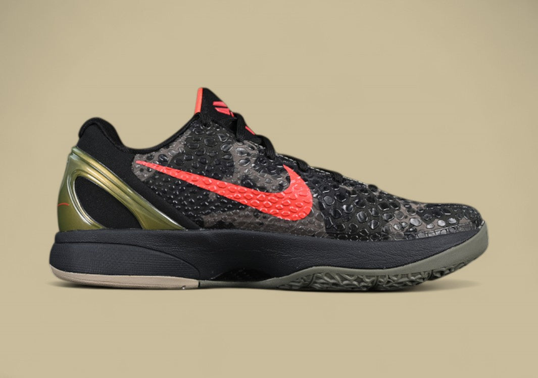 Nike Kobe Protro Orange Black Green Sleek Snakeskin Texture With Bold Crimson Swoosh Accent