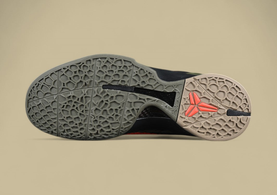 Nike Kobe Protro Orange Black Green Sleek Snakeskin Texture With Bold Crimson Swoosh Accent