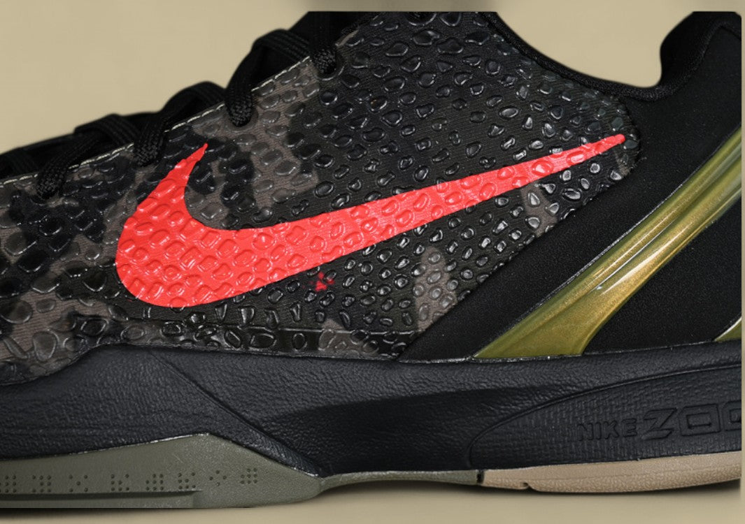 Nike Kobe Protro Orange Black Green Sleek Snakeskin Texture With Bold Crimson Swoosh Accent