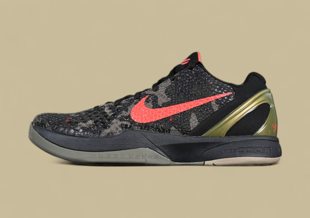 Nike Kobe Protro Orange Black Green Sleek Snakeskin Texture With Bold Crimson Swoosh Accent