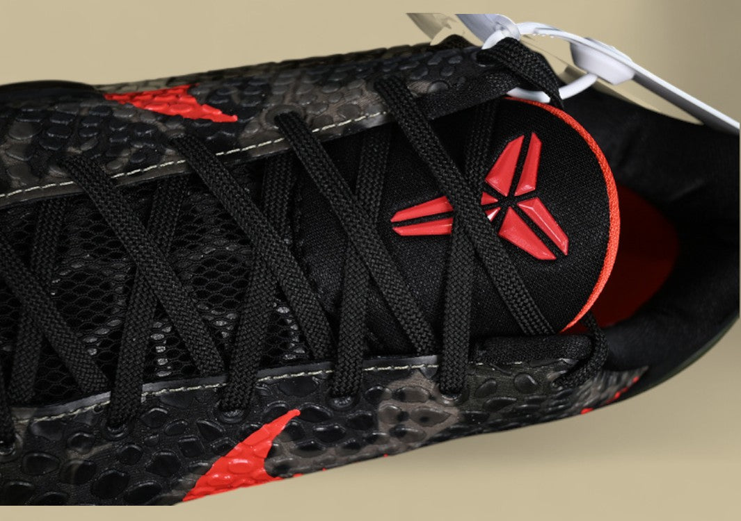 Nike Kobe Protro Orange Black Green Sleek Snakeskin Texture With Bold Crimson Swoosh Accent