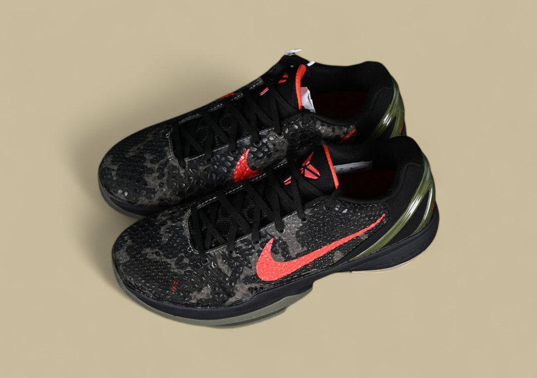 Nike Kobe Protro Orange Black Green Sleek Snakeskin Texture With Bold Crimson Swoosh Accent