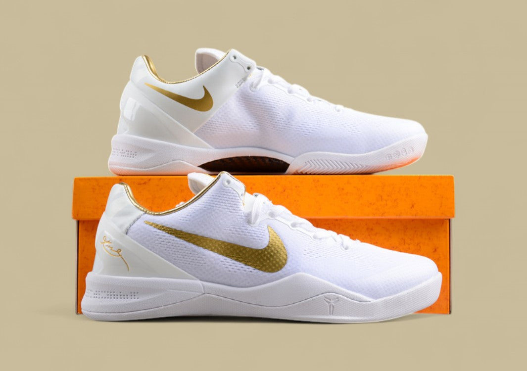 Nike Kobe Protro White Gold Sleek Low-top Basketball Shoes With Metallic Gold Swoosh Detailing