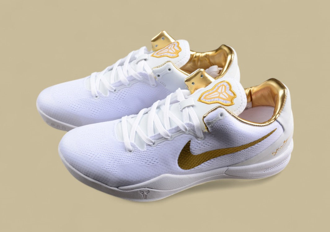 Nike Kobe Protro White Gold Sleek Low-top Basketball Shoes With Metallic Gold Swoosh Detailing