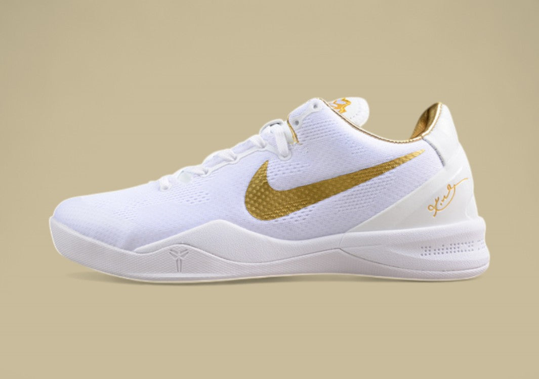Nike Kobe Protro White Gold Sleek Low-top Basketball Shoes With Metallic Gold Swoosh Detailing