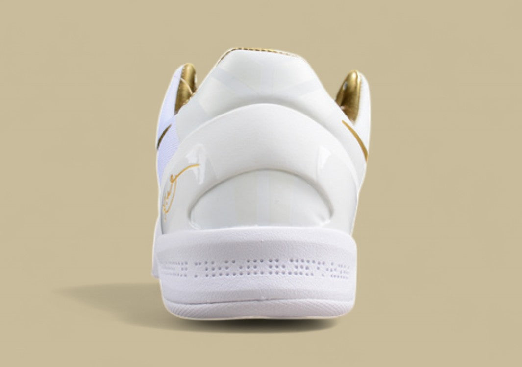 Nike Kobe Protro White Gold Sleek Low-top Basketball Shoes With Metallic Gold Swoosh Detailing