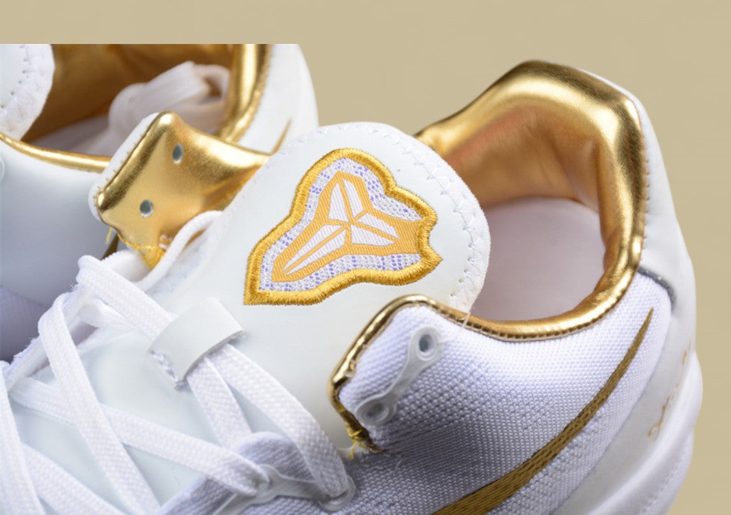 Nike Kobe Protro White Gold Sleek Low-top Basketball Shoes With Metallic Gold Swoosh Detailing