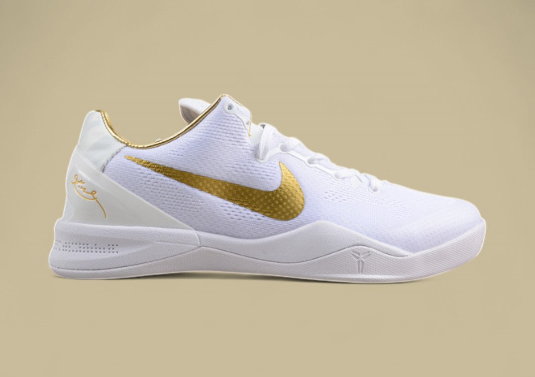 Nike Kobe Protro White Gold Sleek Low-top Basketball Shoes With Metallic Gold Swoosh Detailing