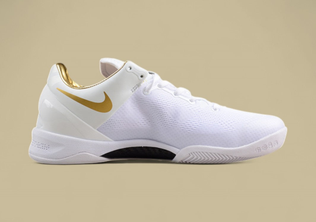 Nike Kobe Protro White Gold Sleek Low-top Basketball Shoes With Metallic Gold Swoosh Detailing