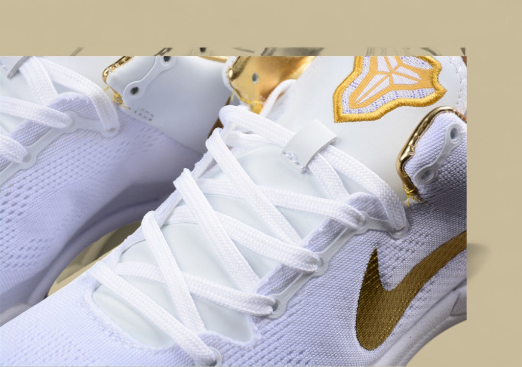 Nike Kobe Protro White Gold Sleek Low-top Basketball Shoes With Metallic Gold Swoosh Detailing