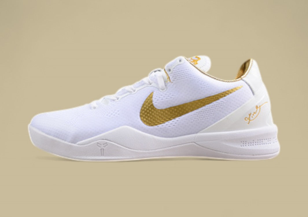 Nike Kobe Protro White Gold Sleek Low-top Basketball Shoes With Metallic Gold Swoosh Detailing