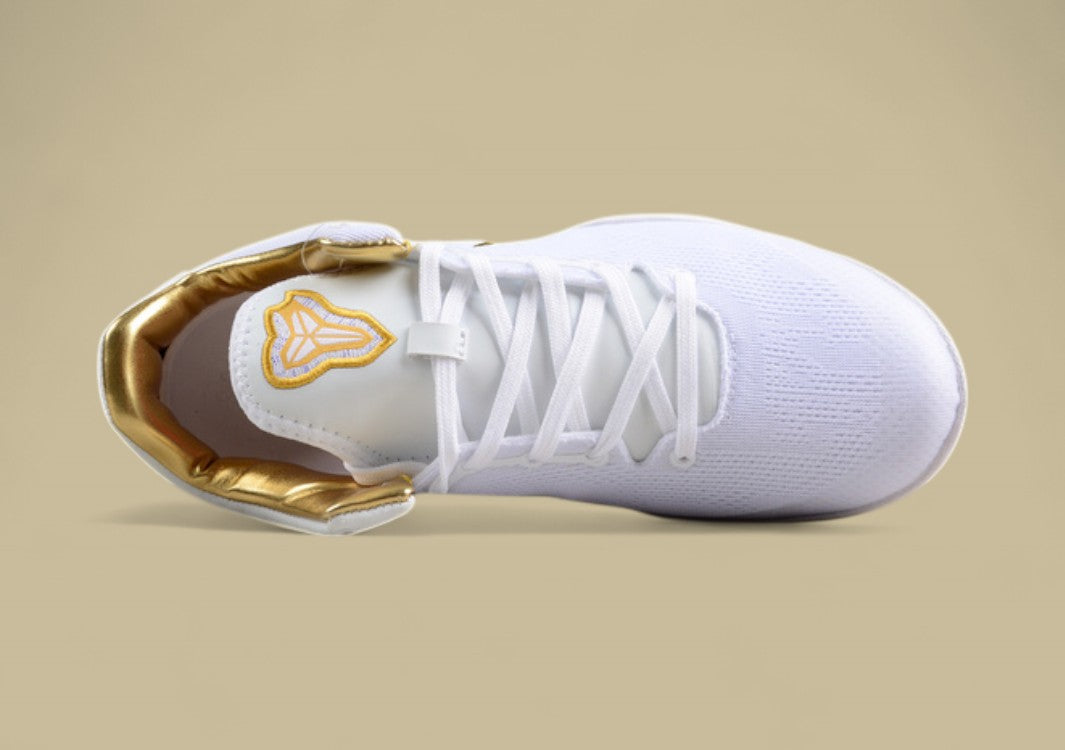 Nike Kobe Protro White Gold Sleek Low-top Basketball Shoes With Metallic Gold Swoosh Detailing