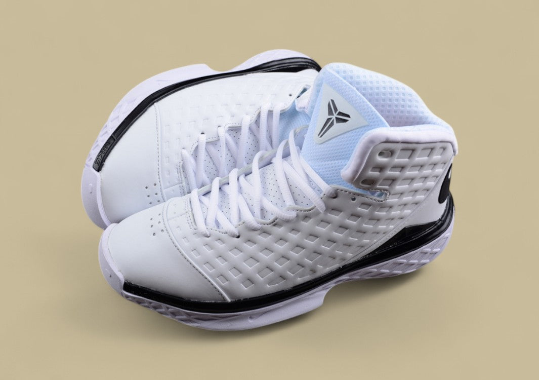 Nike Kobe White Black Clean Mid-top Basketball Shoe With Grid Upper and Bold Contrast Swoosh