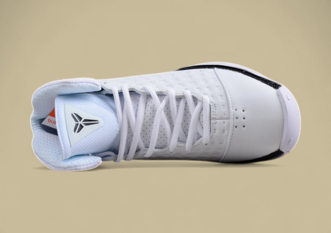 Nike Kobe White Black Clean Mid-top Basketball Shoe With Grid Upper and Bold Contrast Swoosh