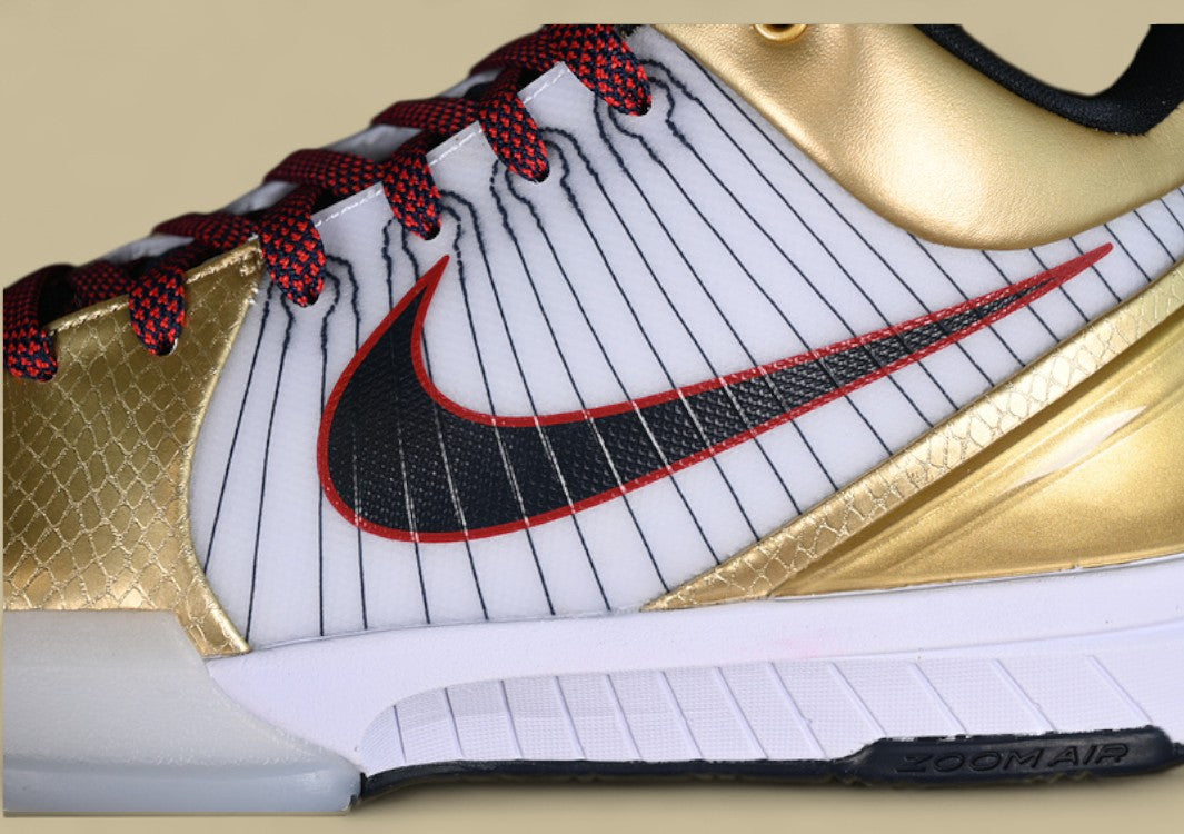 Nike Kobe "White Dark Obsidian Varsity Red Metallic Gold" Premium Pinstripe Detailing and Championship Gold Accents