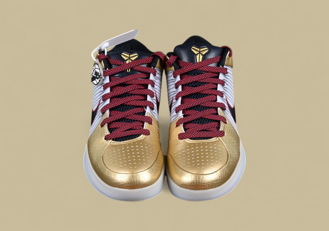 Nike Kobe "White Dark Obsidian Varsity Red Metallic Gold" Premium Pinstripe Detailing and Championship Gold Accents