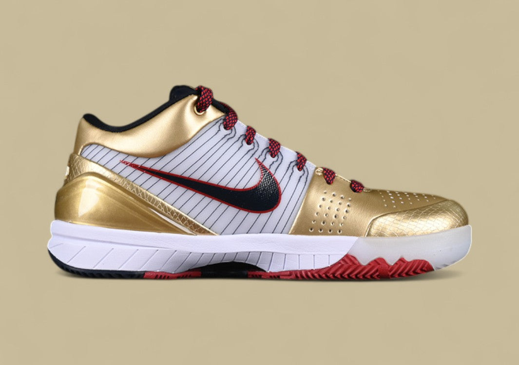 Nike Kobe "White Dark Obsidian Varsity Red Metallic Gold" Premium Pinstripe Detailing and Championship Gold Accents