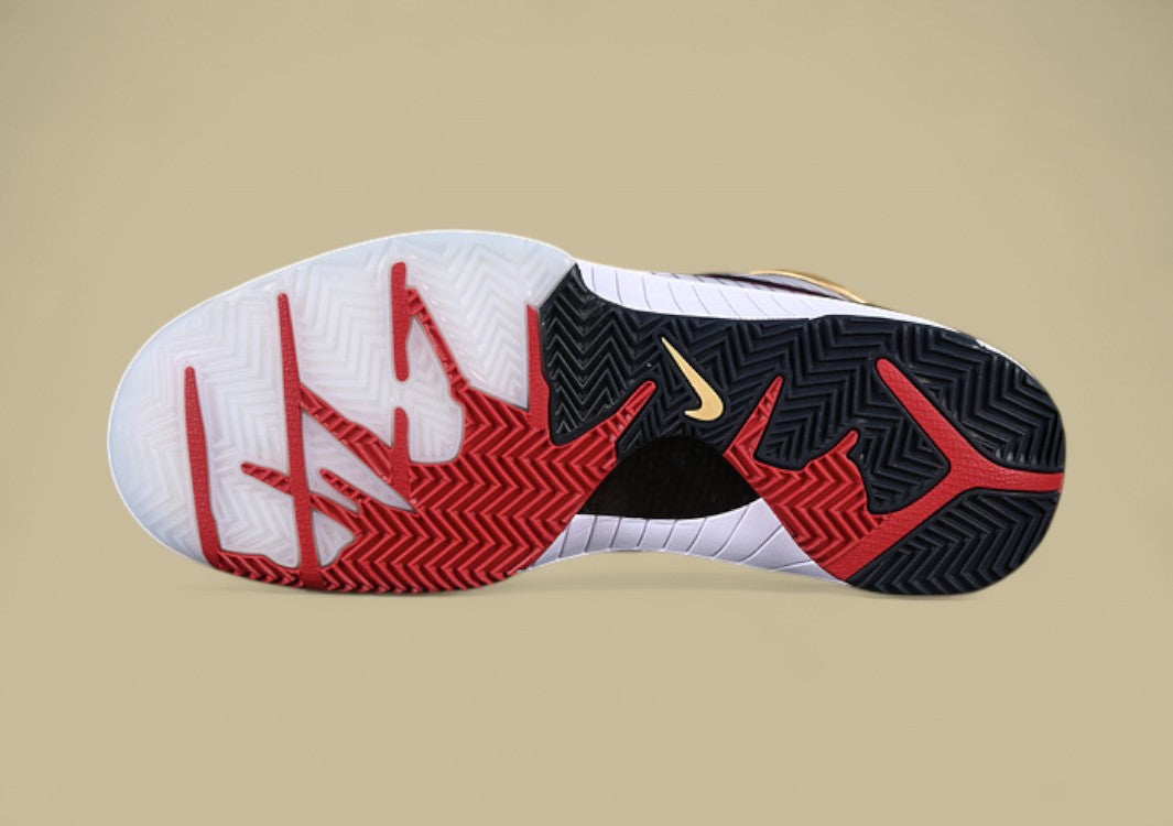 Nike Kobe "White Dark Obsidian Varsity Red Metallic Gold" Premium Pinstripe Detailing and Championship Gold Accents